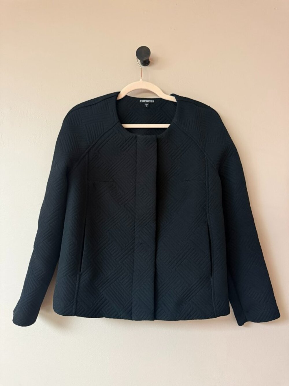 Express Black Textured Collarless Jacket Women’s M Geometric Zip Front Blazer